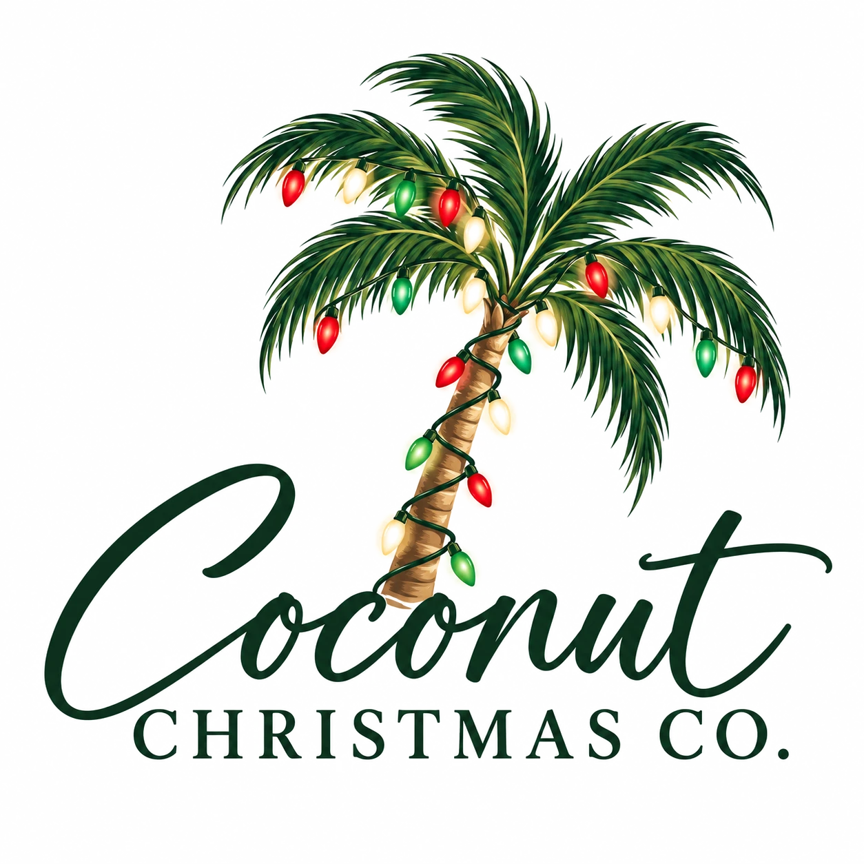 Coconut Christmas Co. logo, a palm tree strung with Christmas lights