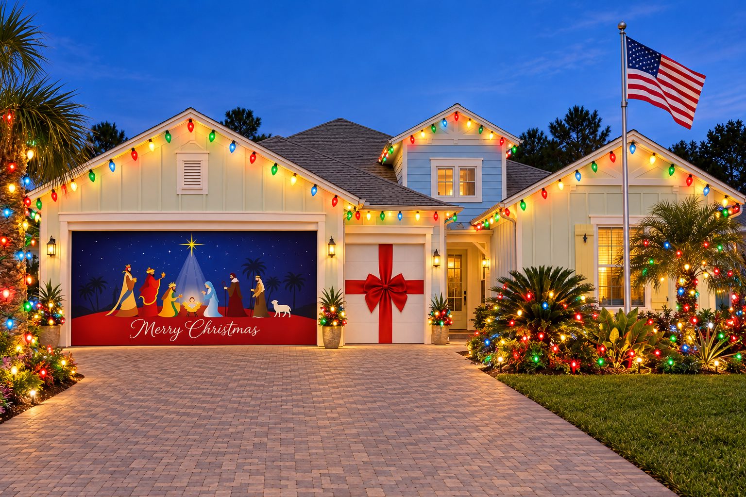 Home with multicolor roofline lights, lit palm trees, a nativity garage door cover, and a red bow on the single garage door