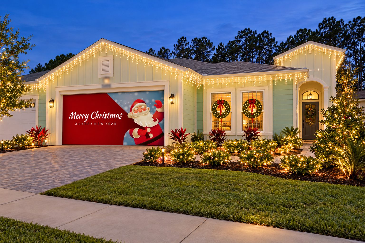 Home with warm white icicle lights, wreaths with red bows in the windows, and a Santa garage door cover