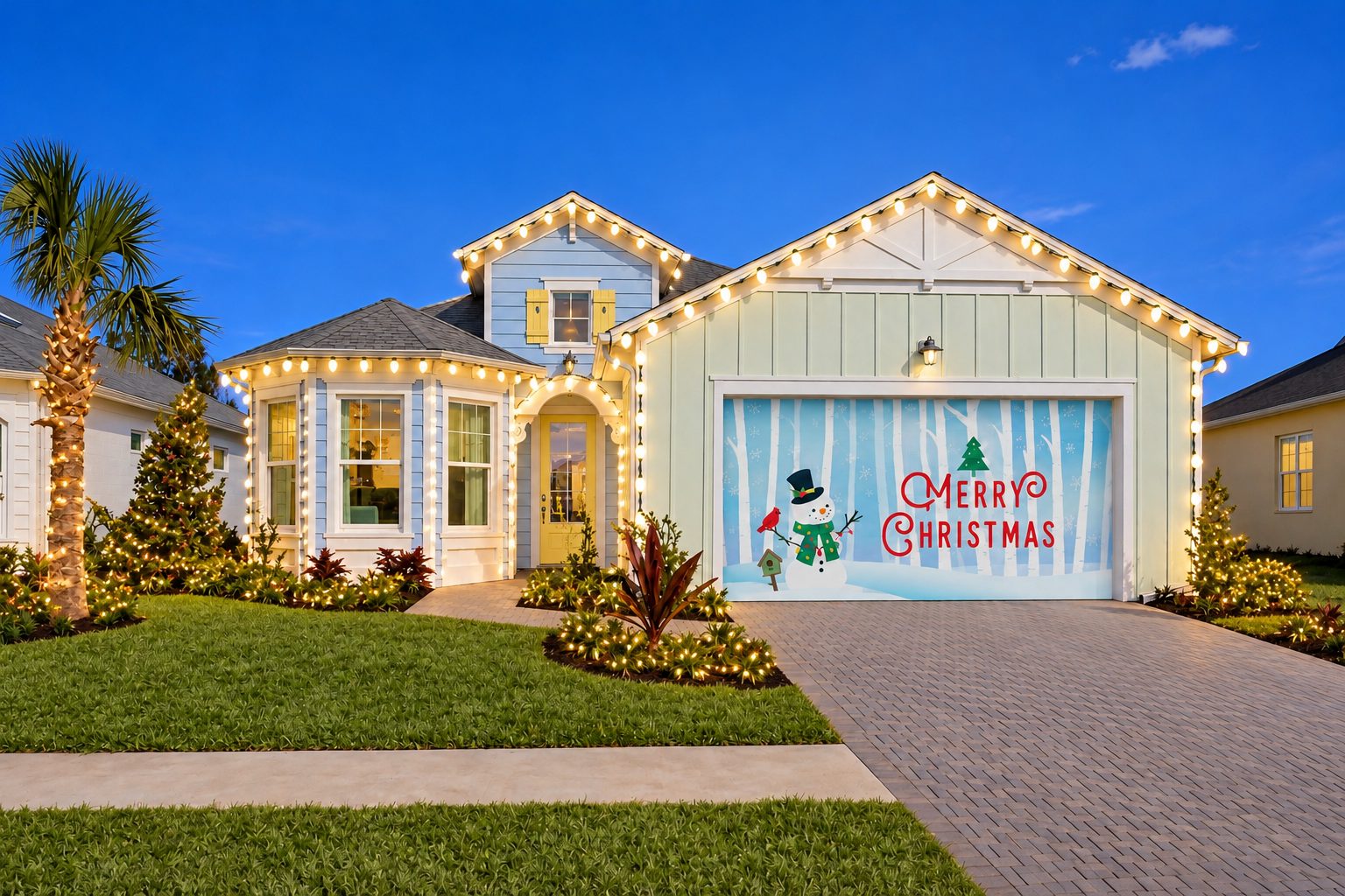Home with warm white round bulbs outlining the roof and bay window, a lit palm, and a snowman garage door cover